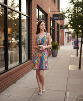 Taki print reversible dress with colorful tribal design and solid black reverse option - Retro Psychedelic  - Profonde by Blissfully Brand